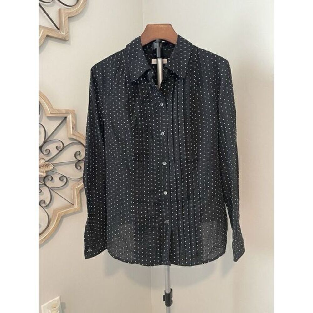 Charter Club Womens 14 Black Button Down Long Sleeve White‎ Swiss Polka Dot